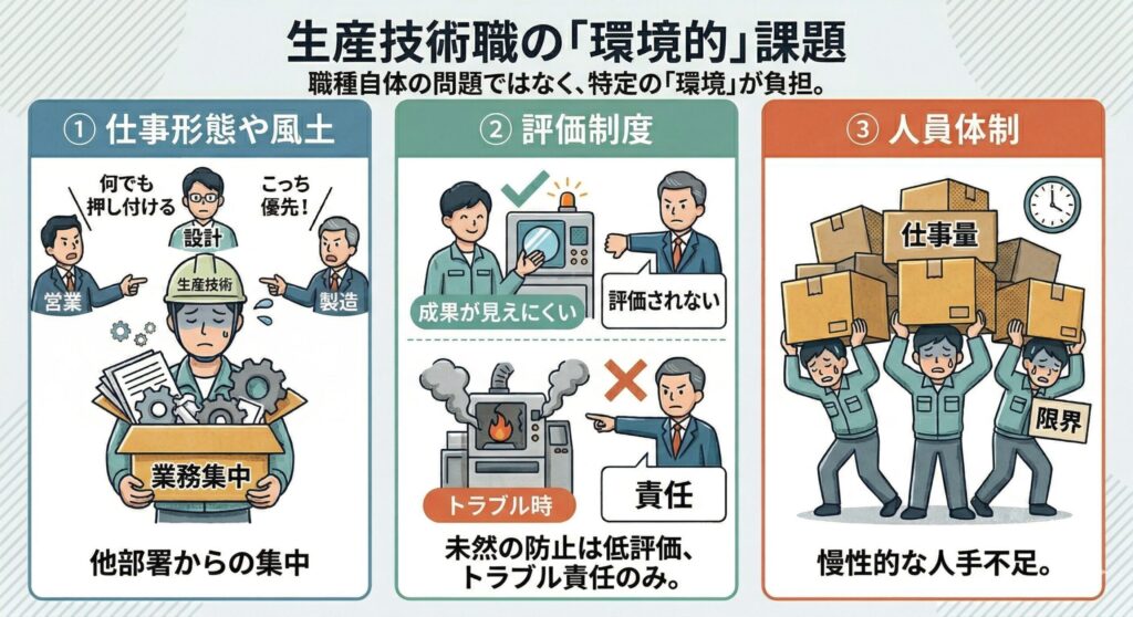生産技術職が抱える環境的問題を3つ挙げた説明画像。