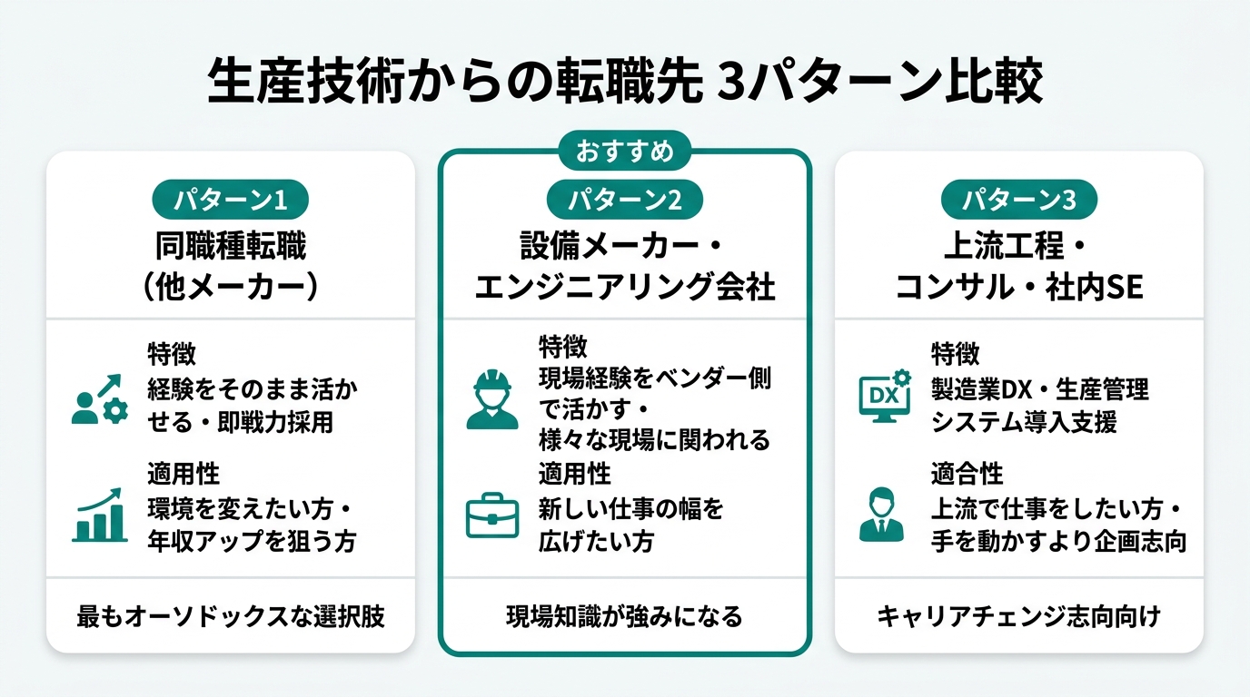 生産技術からの転職先3パターン比較：同職種転職・設備メーカー・上流工程コンサル