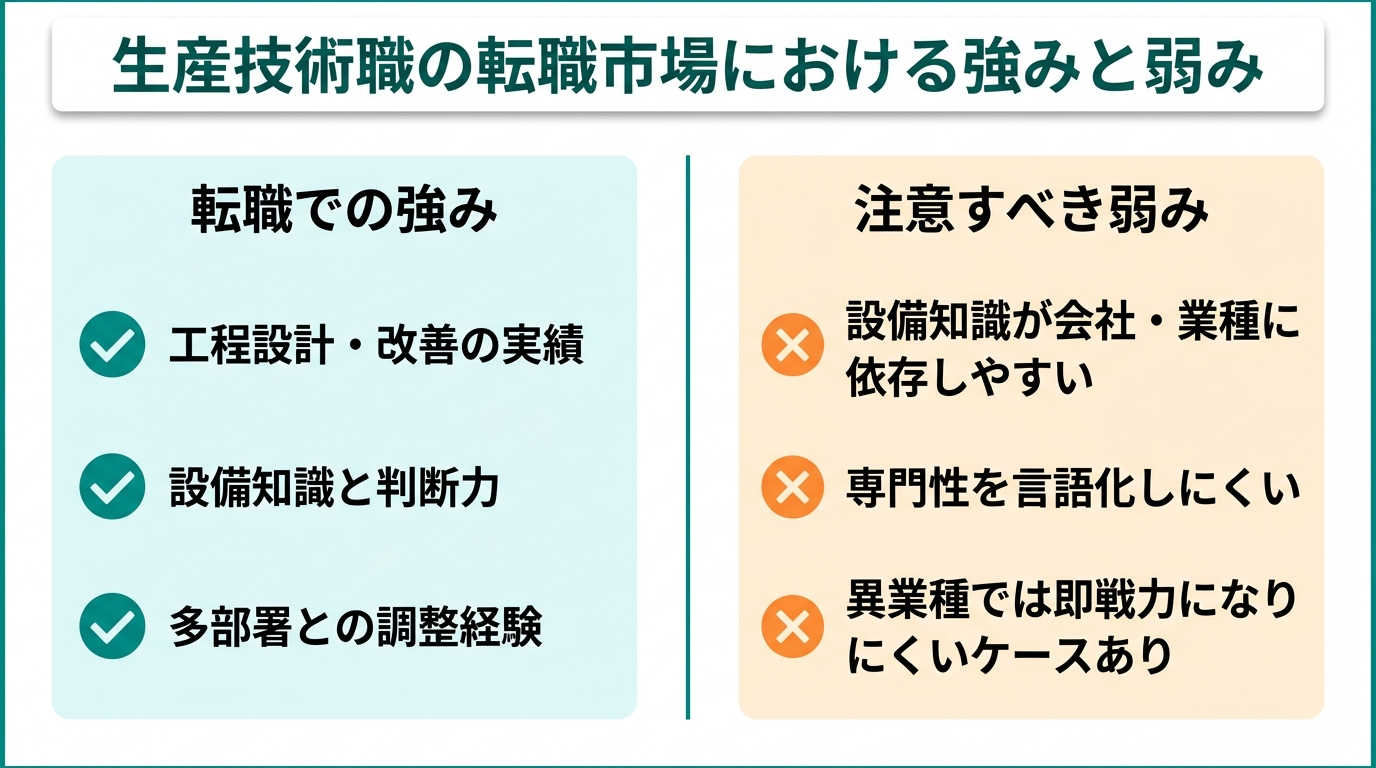 生産技術職の転職市場における強みと弱み：工程設計・設備知識・多部署調整 vs 業種依存・言語化の難しさ