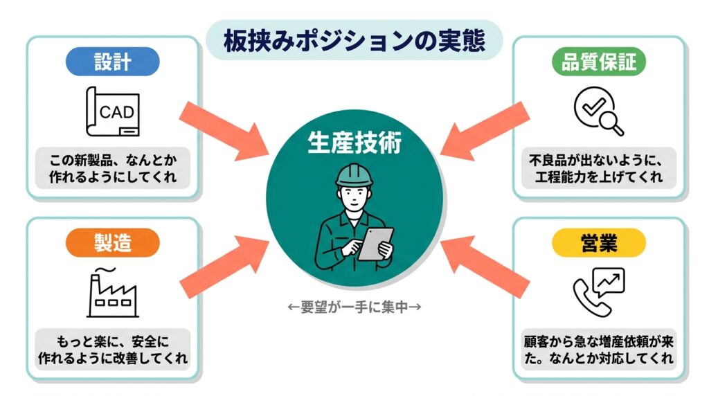 生産技術が4部署(設計・製造・品質保証・営業)から要望を一手に集められる板挟みポジションの構造図