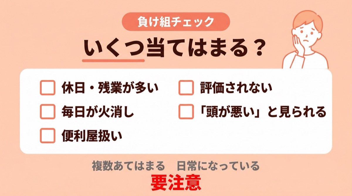 生産技術 負け組_負け組かチェックする5項目（残業休日・評価・火消し・便利屋・頭が悪いと見られる）