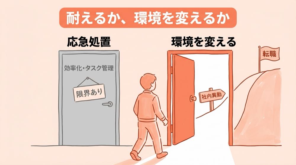 耐えるか、環境を変えるかの図解。応急処置(効率化・タスク管理)の扉は閉じて限界あり。環境を変える扉は開いていて、外の上り坂が社内異動を経て転職の旗へ続く