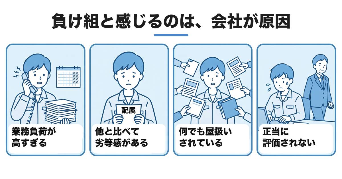 生産技術 負け組_負け組と感じるのは会社が原因（業務負荷が高すぎる・他と比べて劣等感がある・何でも屋扱いされている・正当に評価されない）